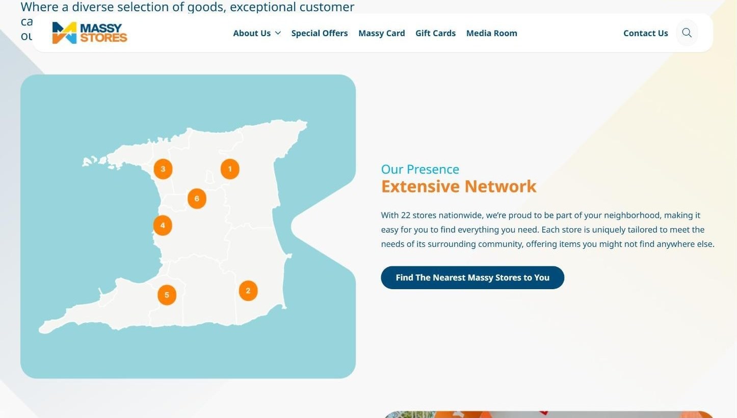 Homepage map of Trinidad with store pins and a Find The Nearest Massy Stores to You button