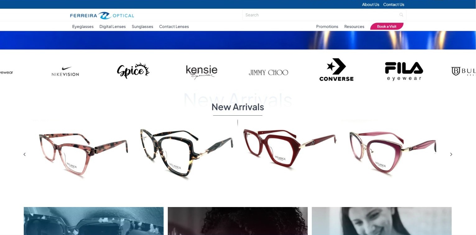Row of designer eyewear brands on the Ferreira Optical homepage