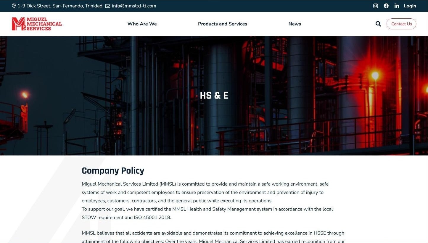 HS and E page with the company policy and ISO 45001 certification