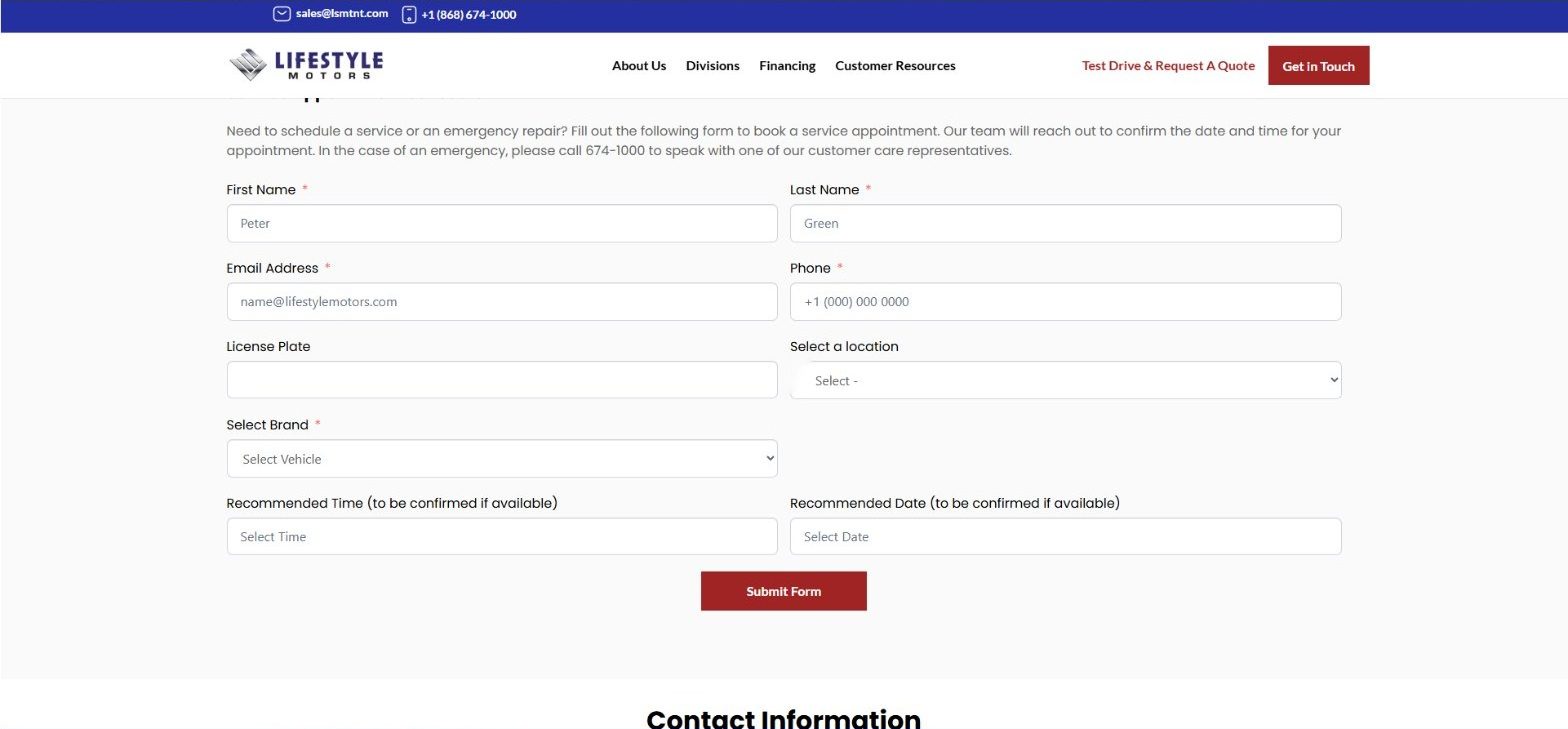 Service appointment scheduler with licence plate, location and brand fields