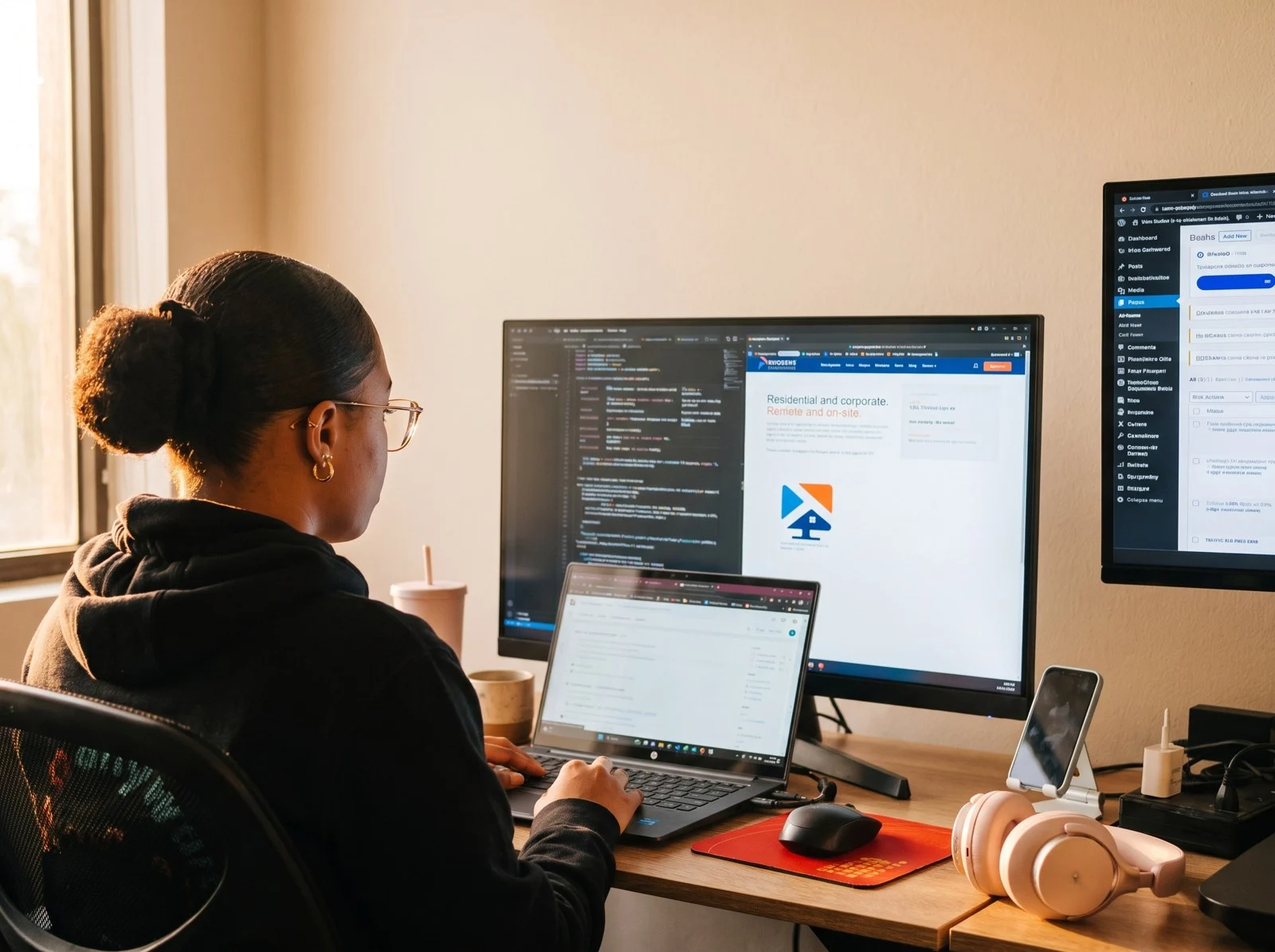 Website developer working at a desktop workstation