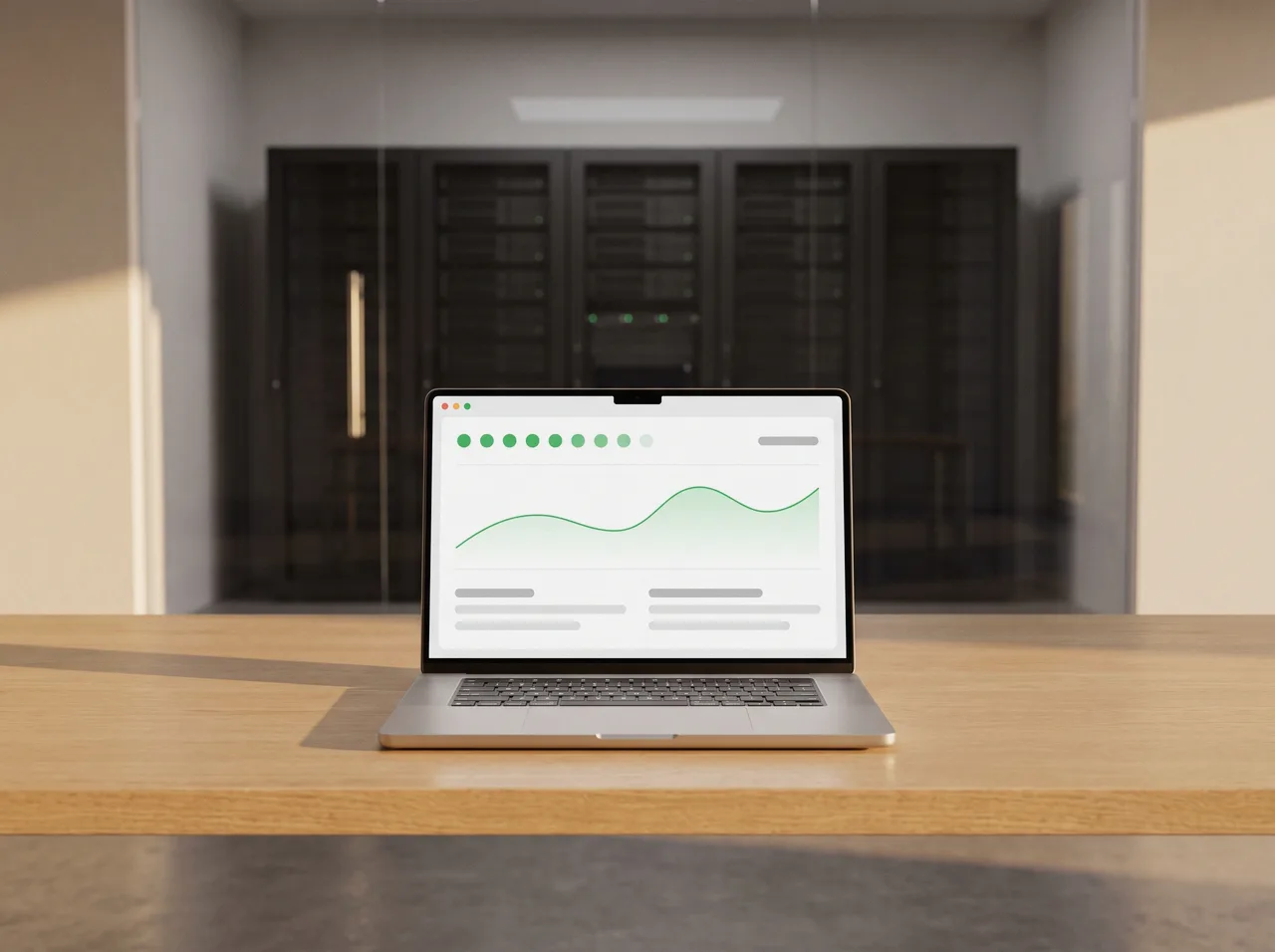 Hosting dashboard on a laptop with a server room behind