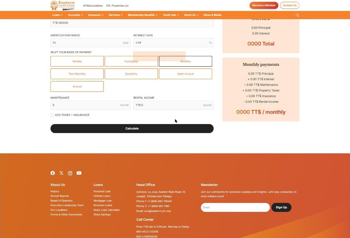 Eastern Credit Union loan calculator form with amount, term and repayment fields