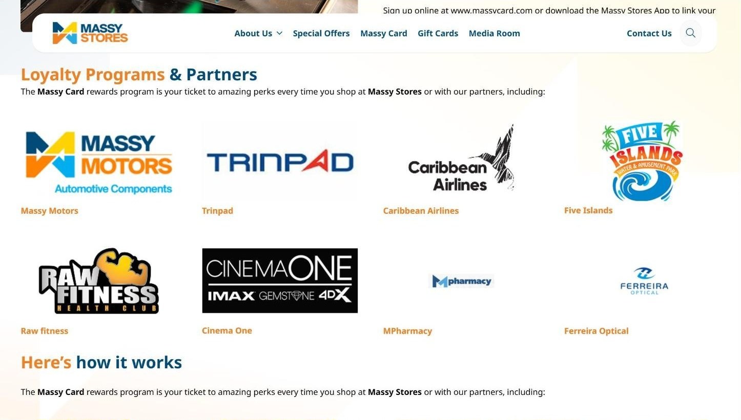Loyalty Programs and Partners grid with Massy Motors, Trinpad, Caribbean Airlines, Five Islands, Raw Fitness, Cinema One, MPharmacy and Ferreira Optical