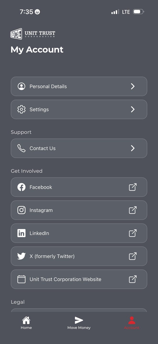 My Account screen with personal details, settings, support and social links