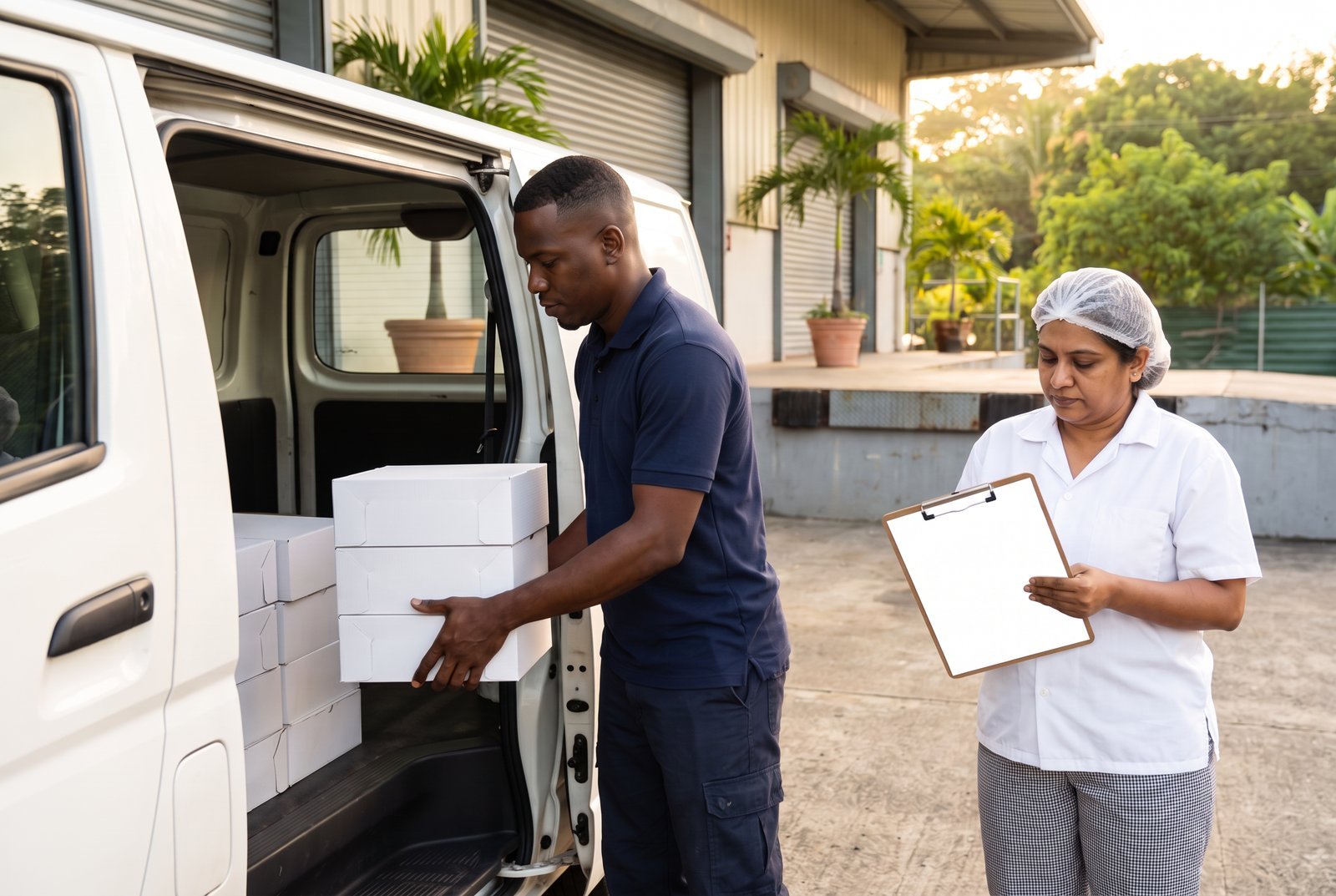 Driver loading cake boxes into a delivery van