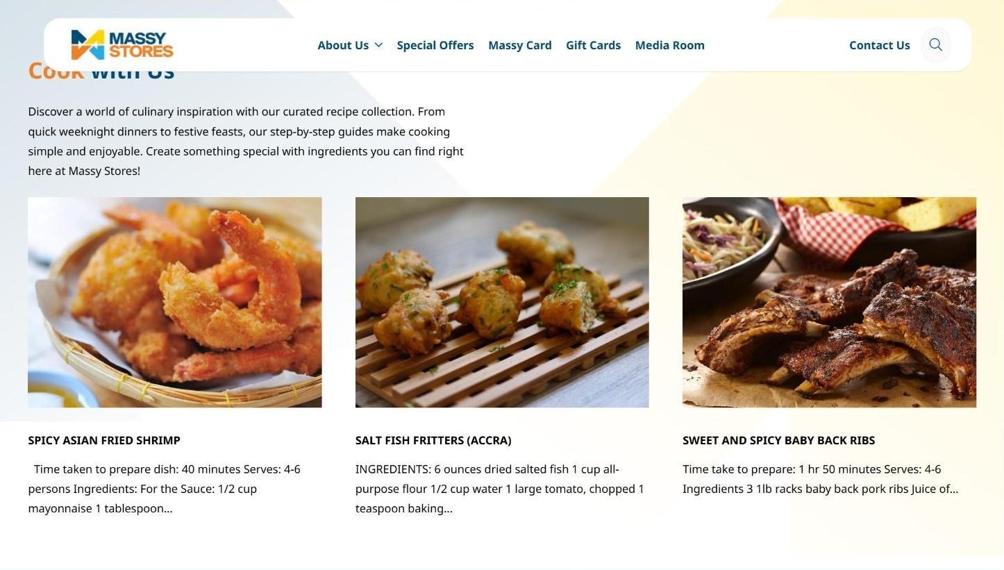 Cook with Us recipe cards for fried shrimp, salt fish fritters and baby back ribs