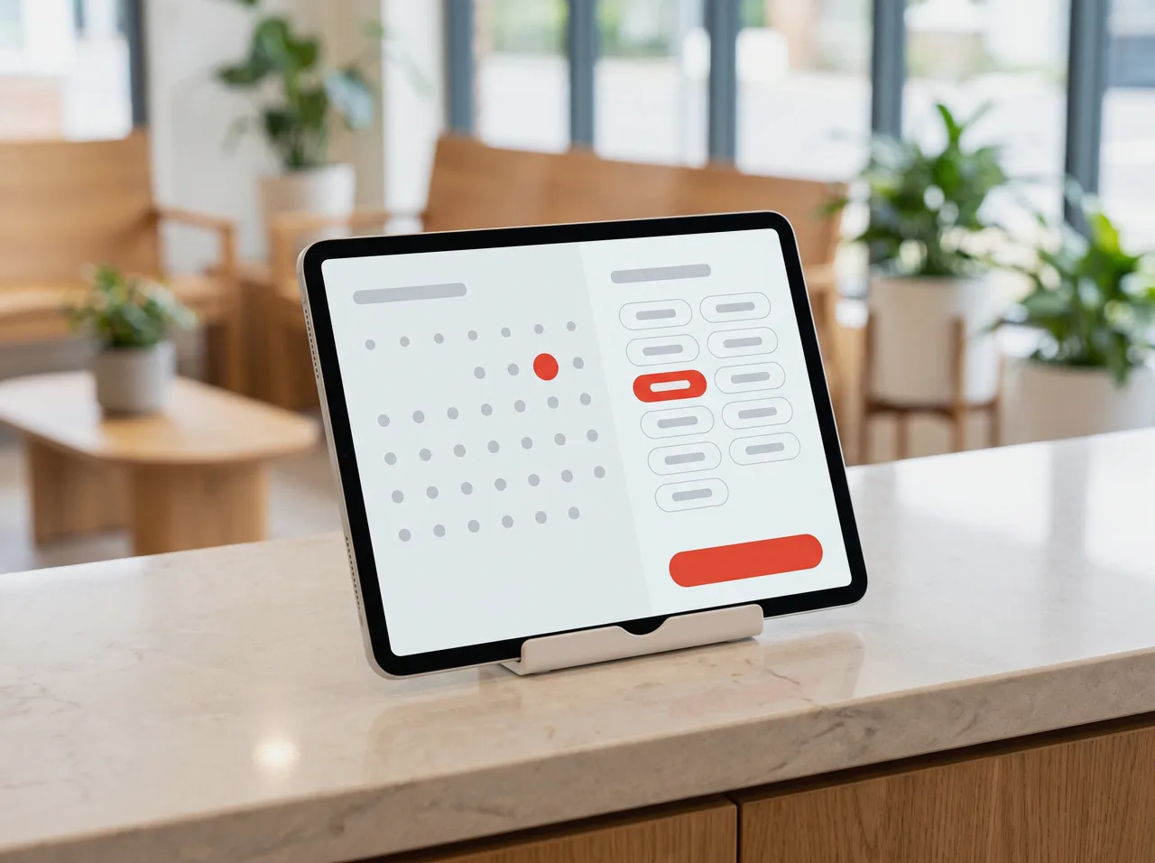 Tablet on a reception counter showing a booking calendar