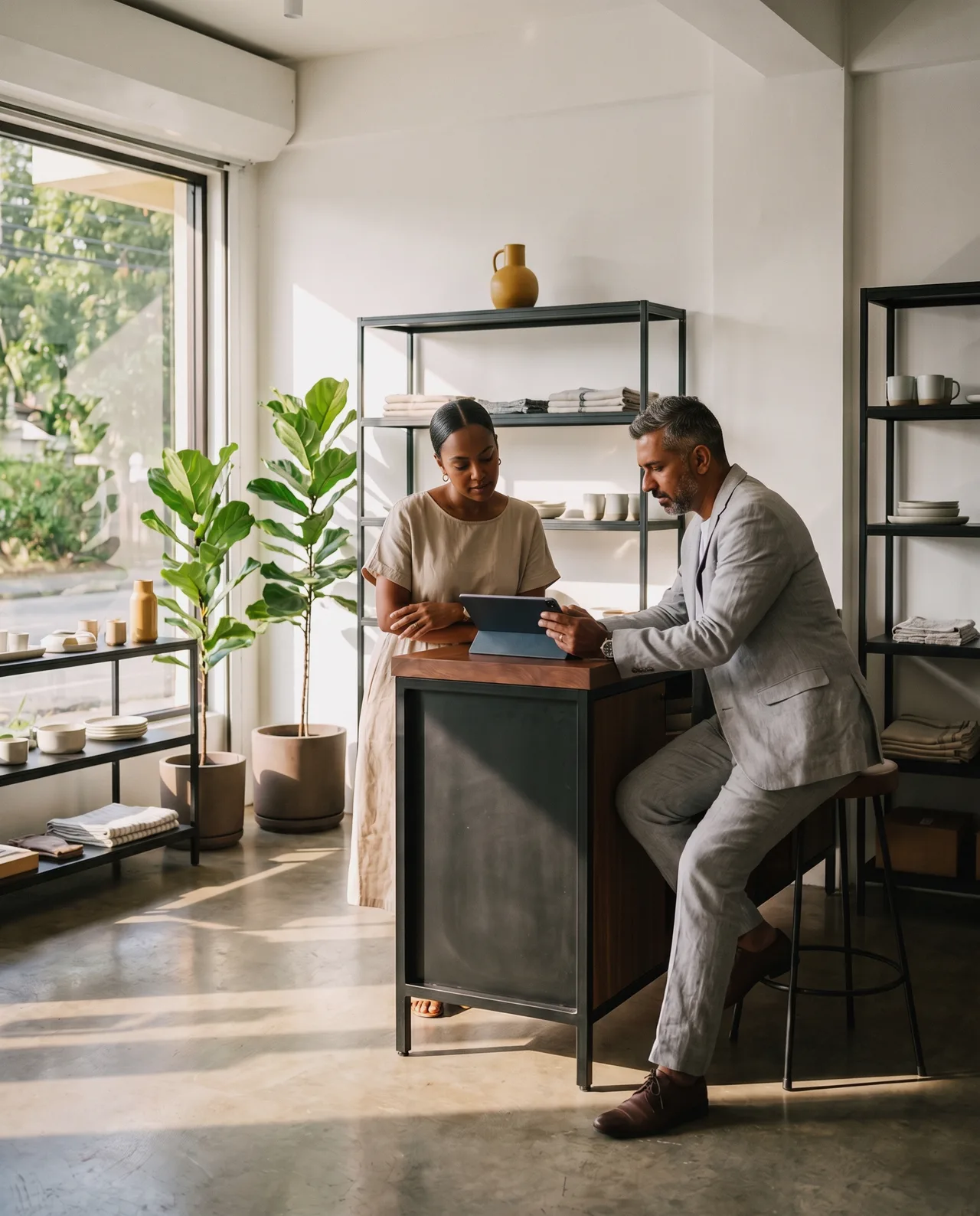Insurance agent reviewing business cover with a shop owner on a tablet