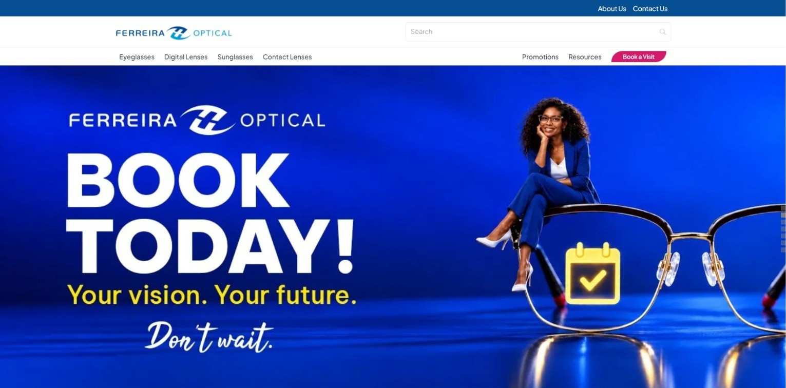 Ferreira Optical homepage with the Book a Visit button in the header