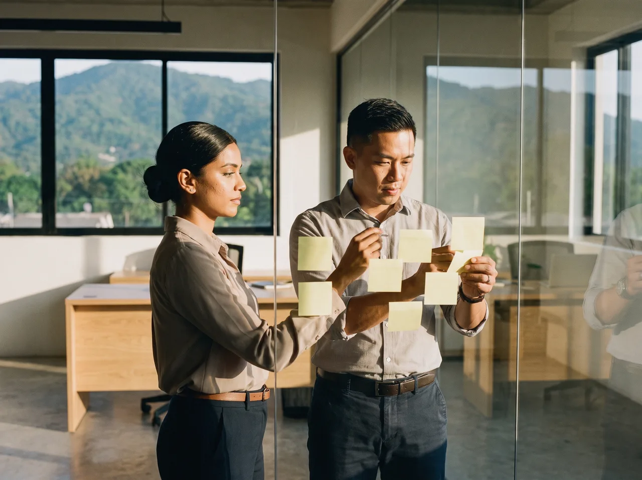 Product lead and founder planning on a glass wall