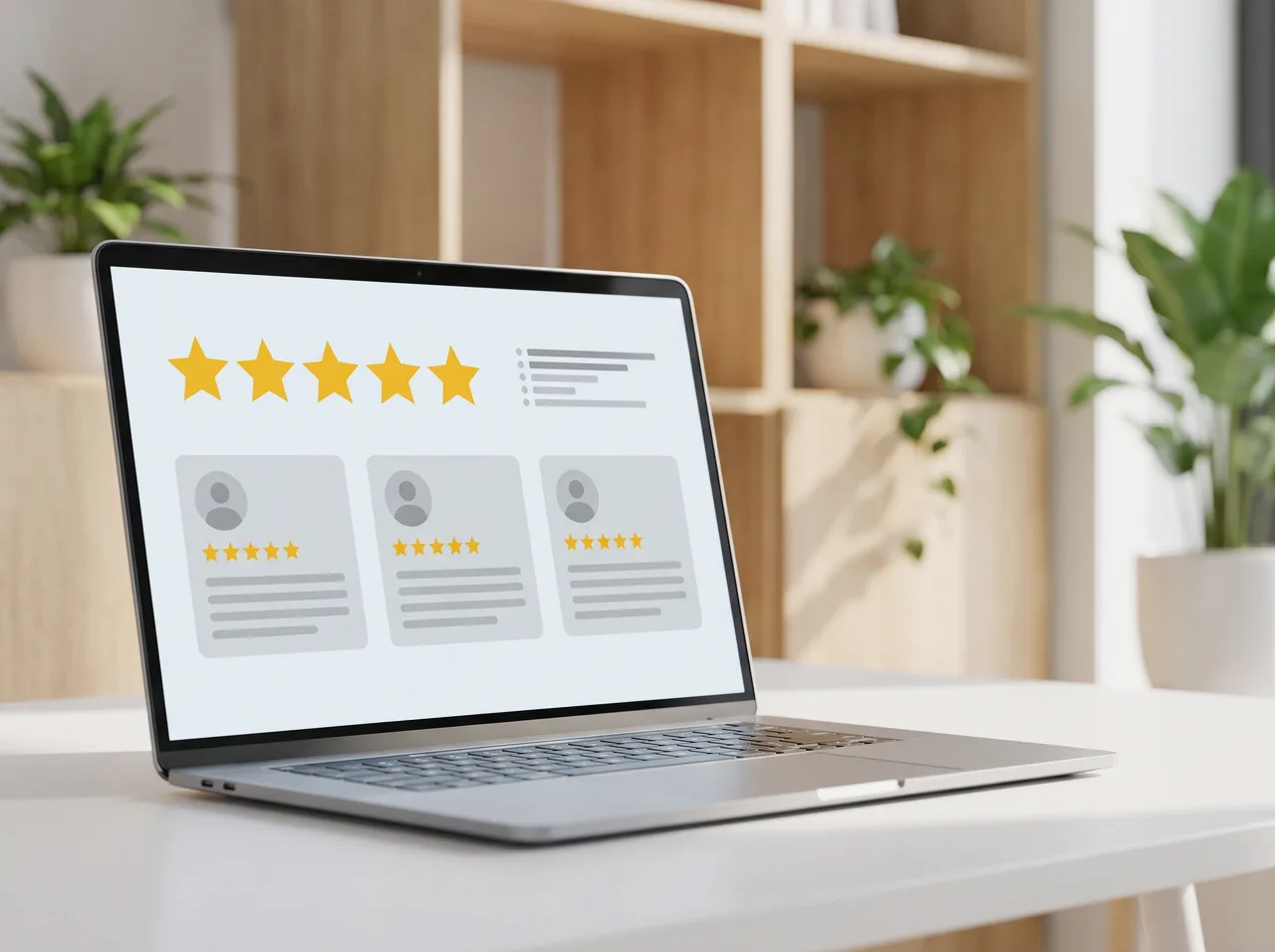 Laptop showing a page of five-star customer reviews