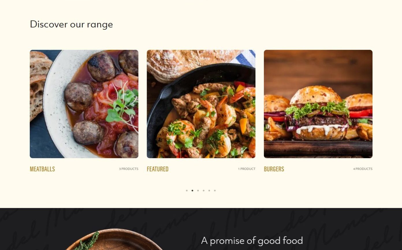 Discover our range carousel linking to meatballs, featured products and burgers