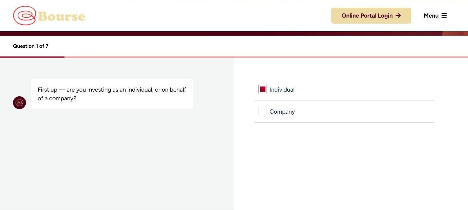 Investment Selector question one of seven, asking whether you are investing as an individual or a company