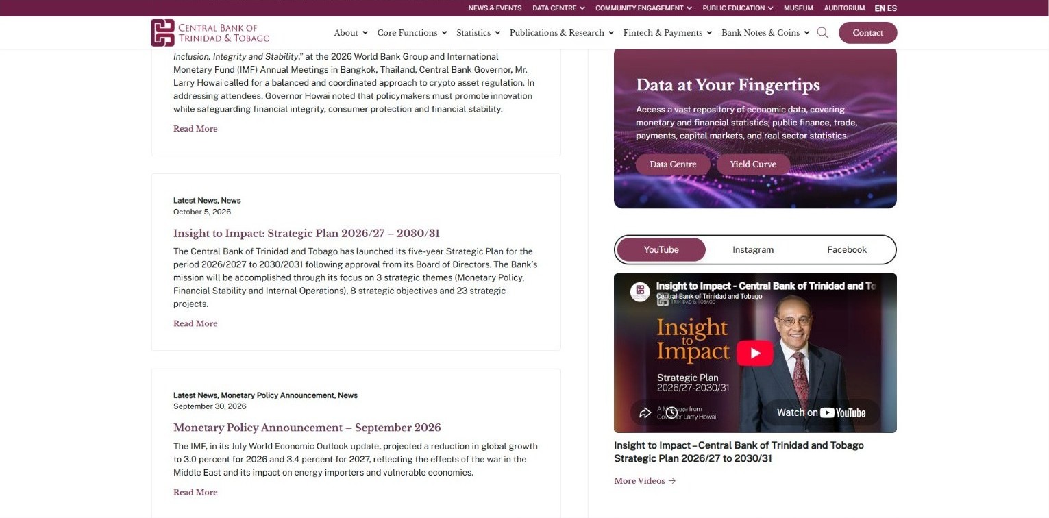 Central Bank homepage section with quick links to statistics and publications