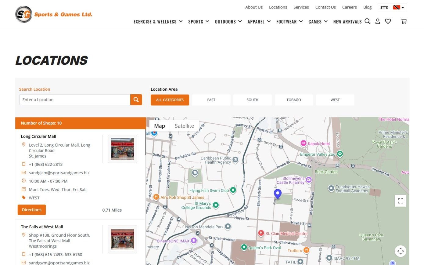 Store locator with East, South, Tobago and West filters, store cards and a map