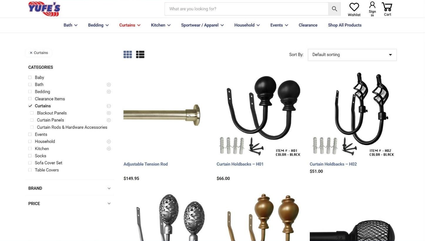 Curtains product grid with a category tree, brand and price filters and sorting