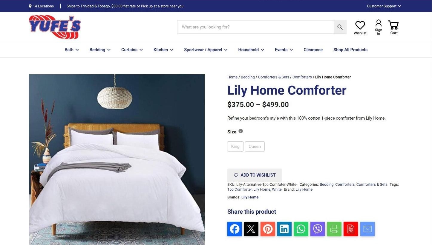 Lily Home Comforter page showing a price range and King and Queen size options