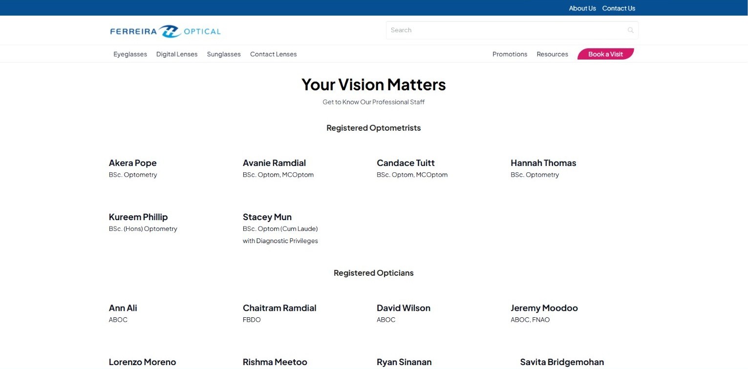 Ferreira Optical team page listing optometrists and opticians with their qualifications