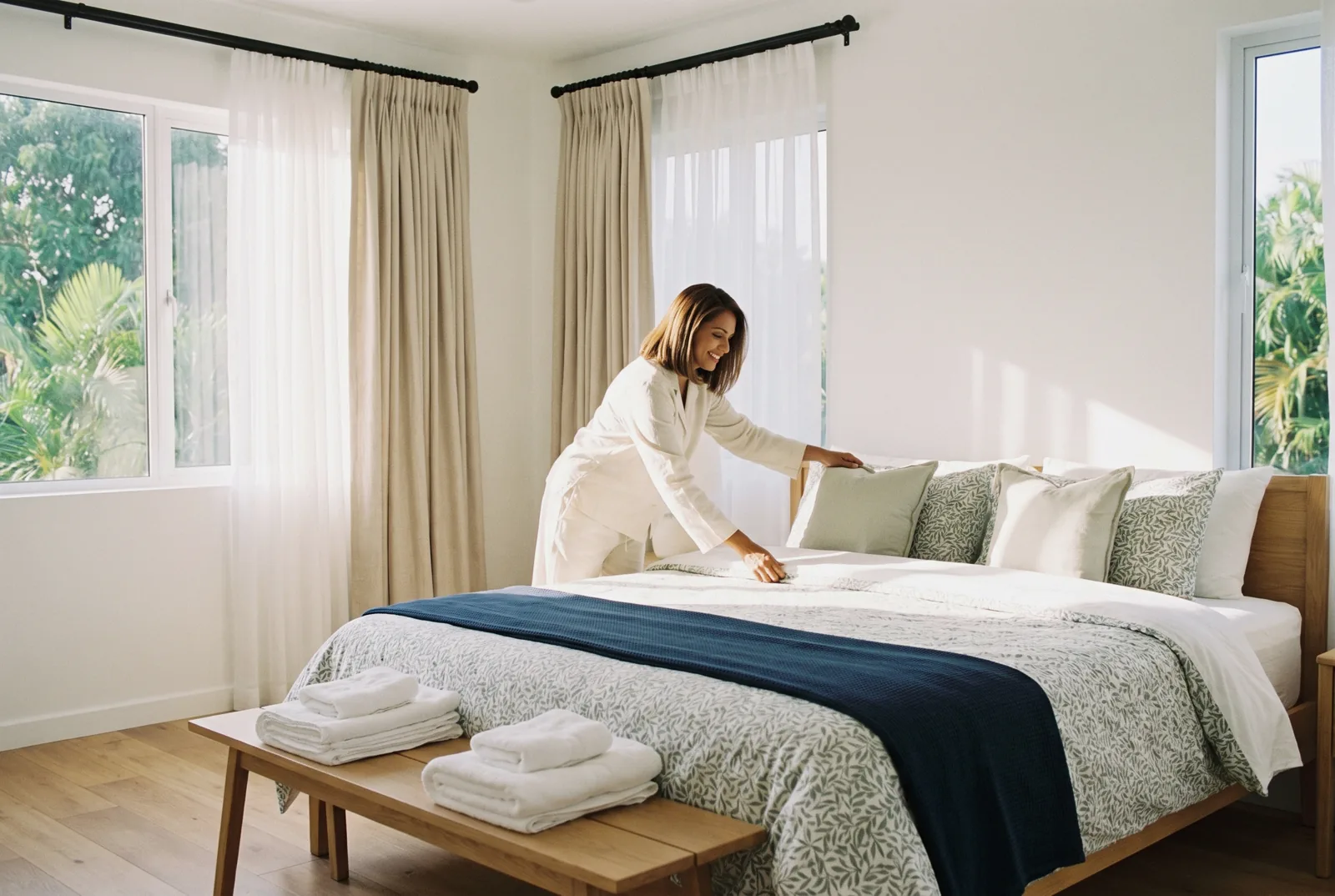 Woman making a freshly dressed bed in a bright bedroom