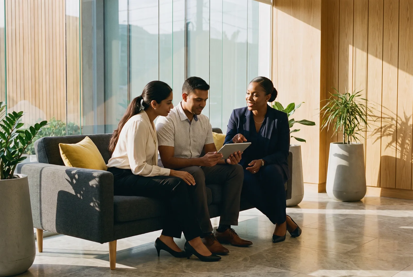 Credit union officer helping a couple apply for a loan on a tablet