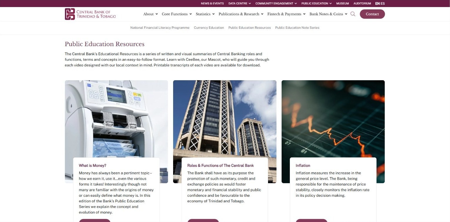 Central Bank public education section with explainer videos
