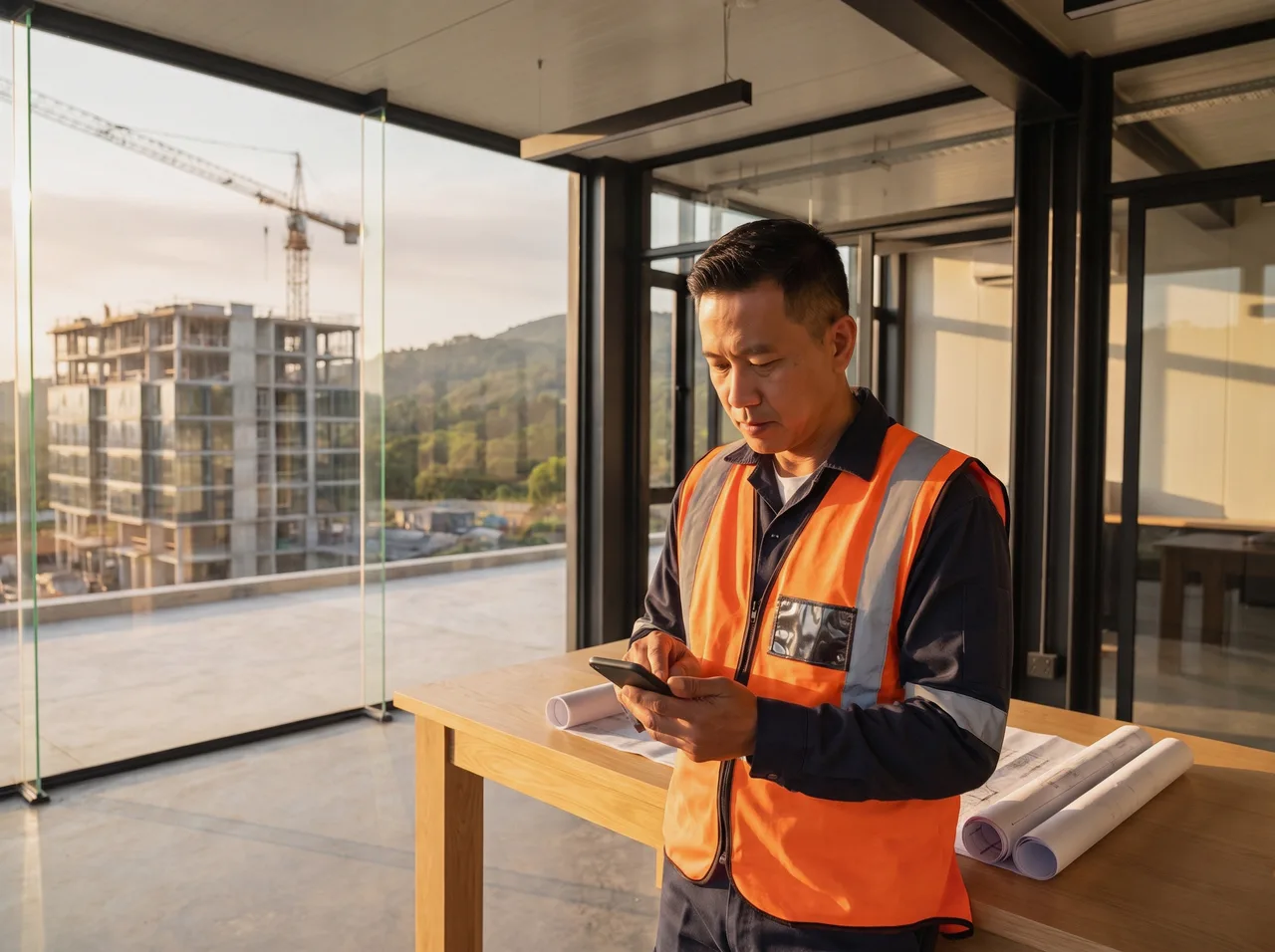 Contractor searching on his phone in a site office
