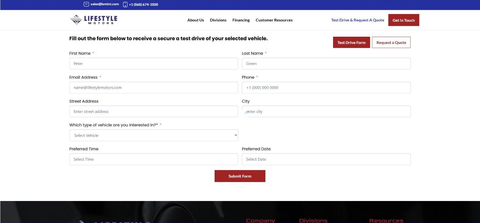 Test drive form with vehicle, preferred time and preferred date fields
