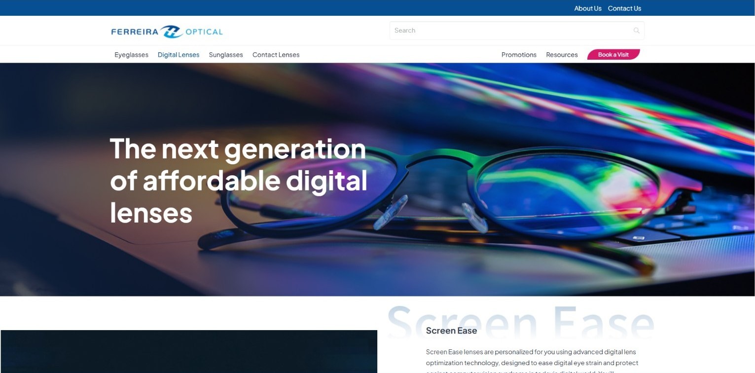 Ferreira Optical digital lens page introducing ScreenEase and FocusPlus