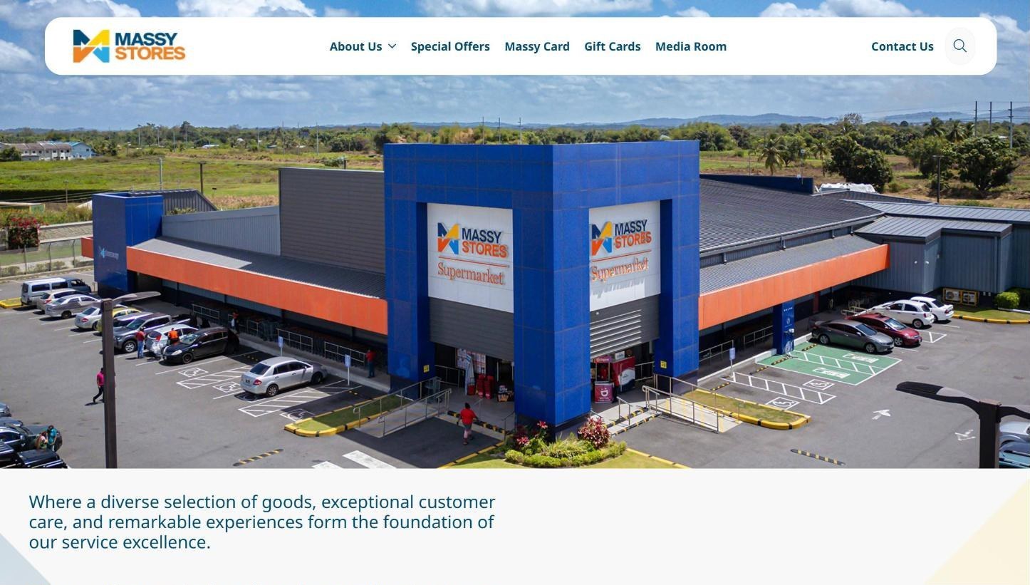 Massy Stores homepage with an aerial photo of a supermarket and the main menu