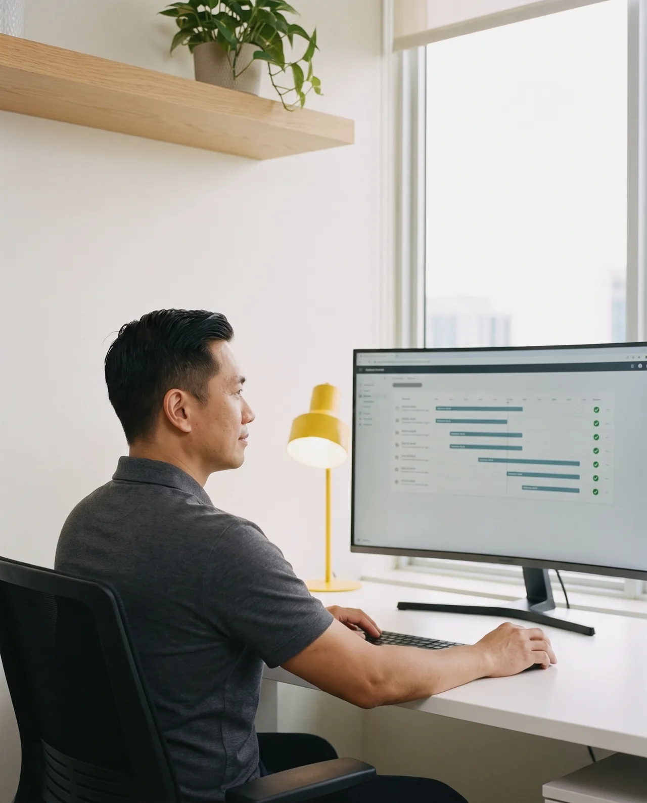 Web developer checking a website backup schedule on a large monitor