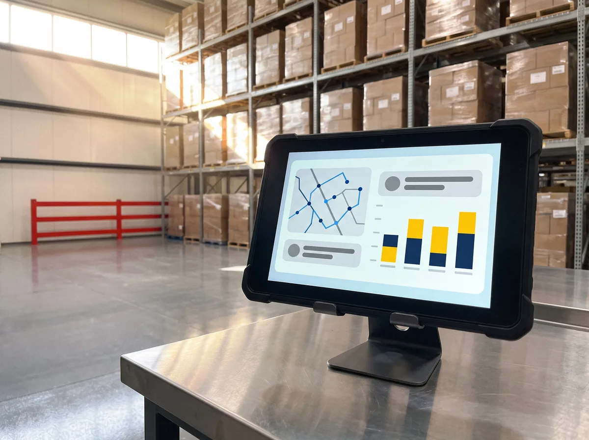 Rugged tablet showing a delivery route map and stock chart in a modern warehouse