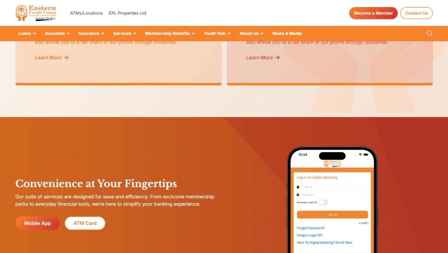 Eastern Credit Union mobile app page showing the app and digital account services