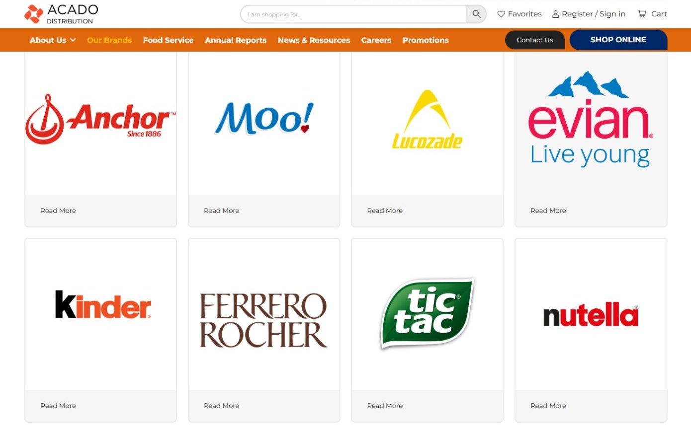 Brand directory cards for Anchor, Moo, Lucozade, evian, Kinder, Ferrero Rocher, Tic Tac and Nutella