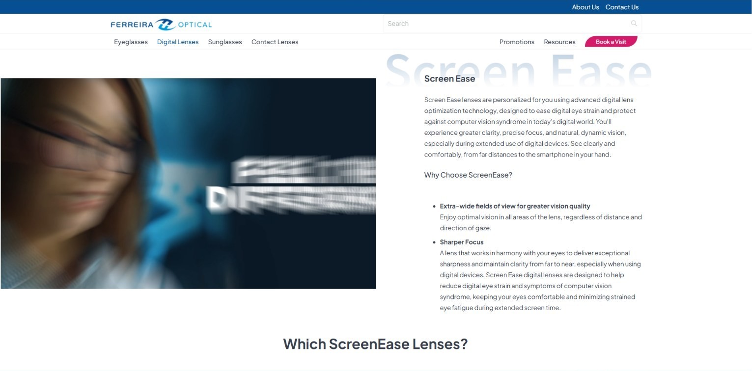 ScreenEase digital lens page explaining who the lenses are for, with the starting price