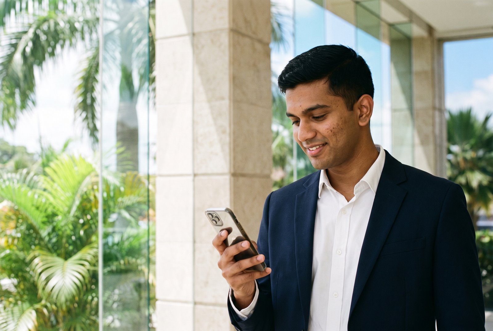 Young professional checking his phone in an office lobby
