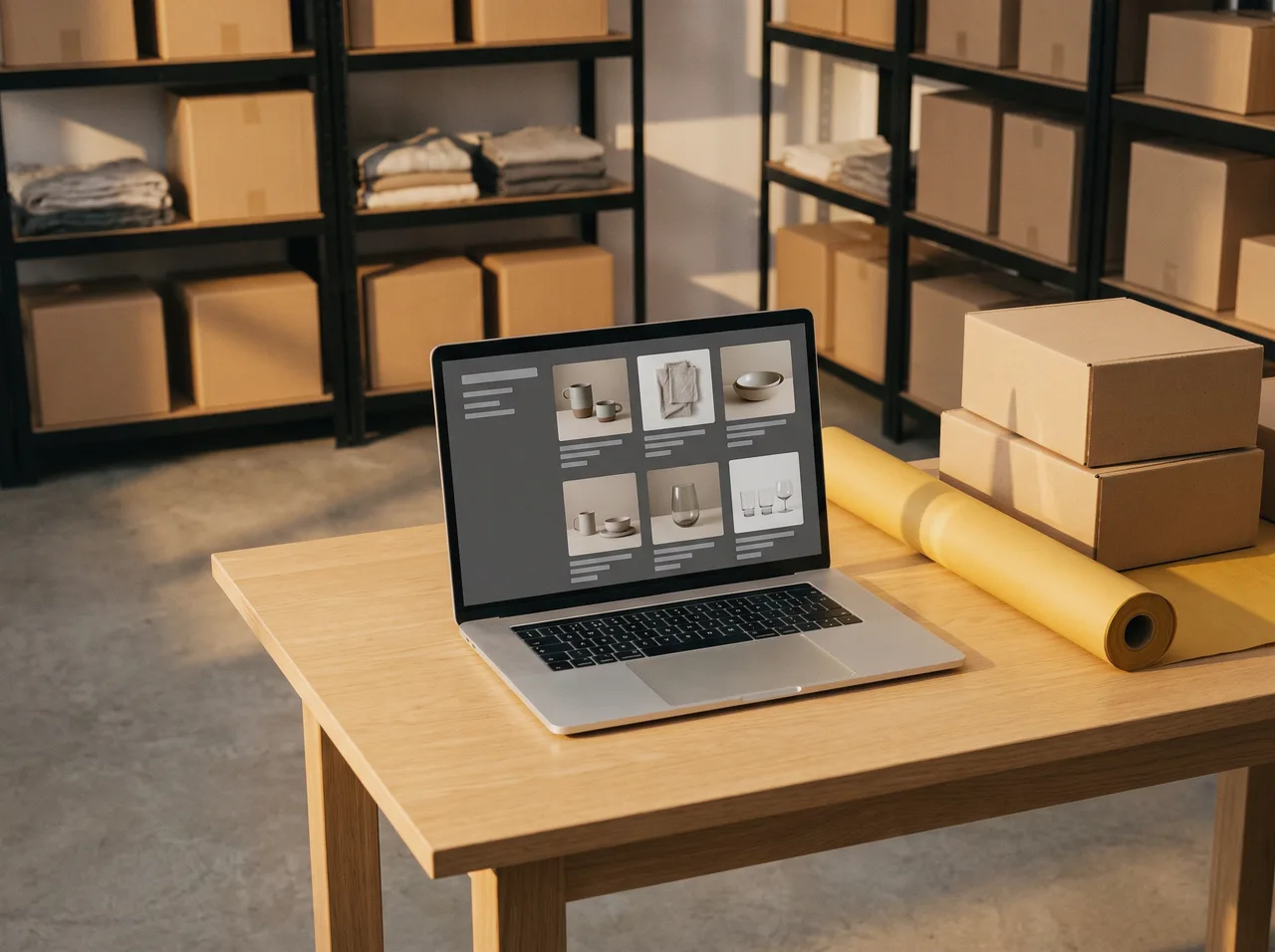 Online store dashboard on a laptop in a stockroom