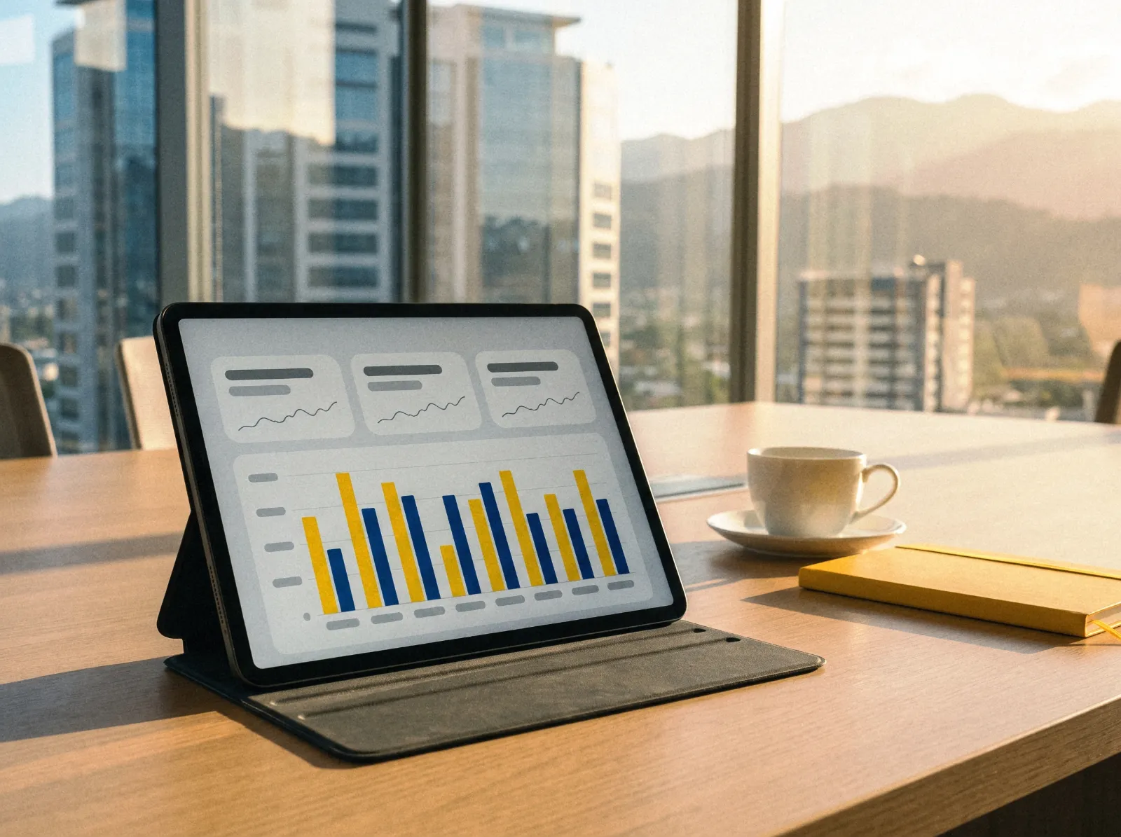 Monthly paid performance dashboard on a tablet on a meeting table