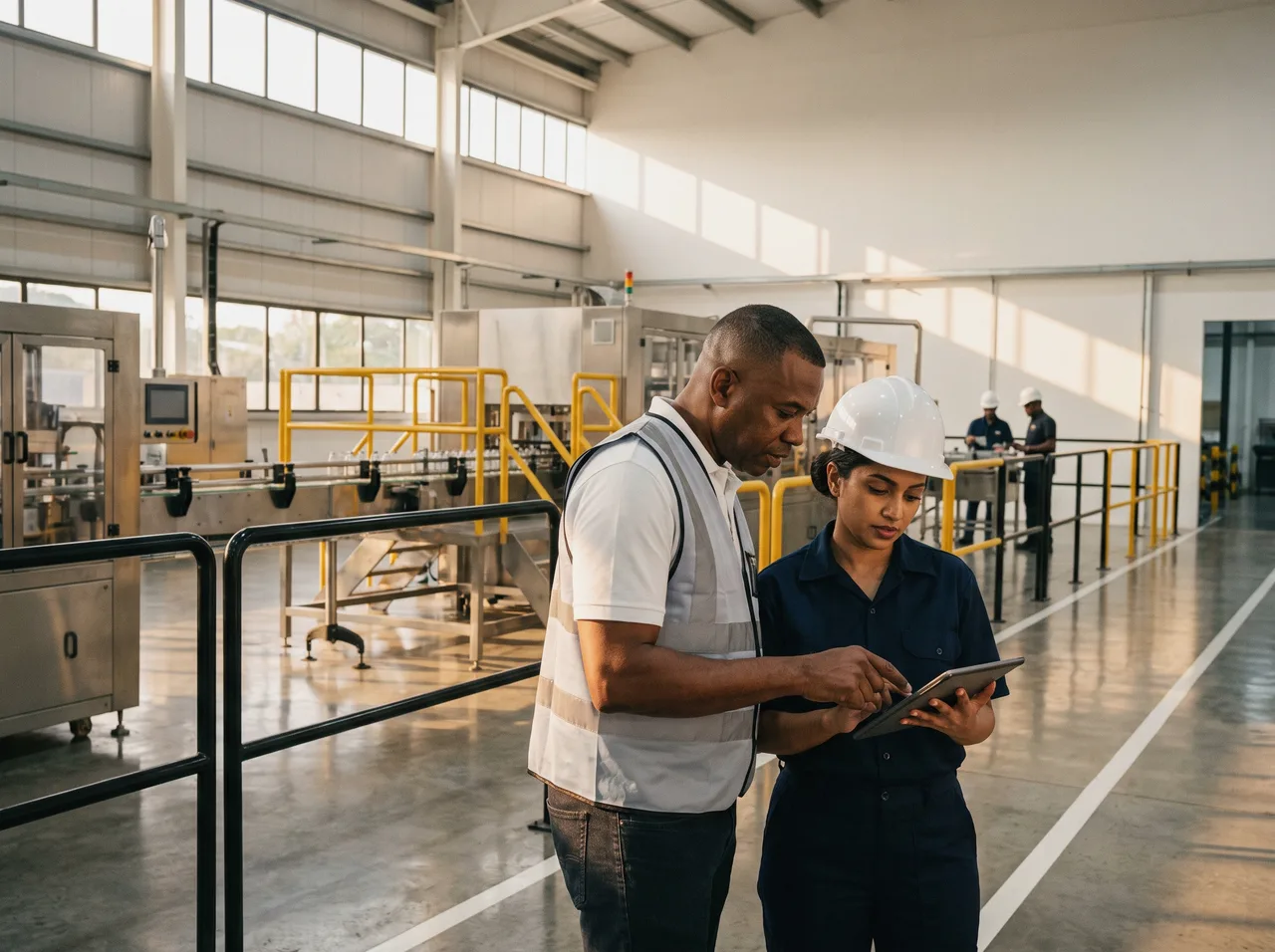 Plant manager and engineer reviewing a tablet on a bottling line