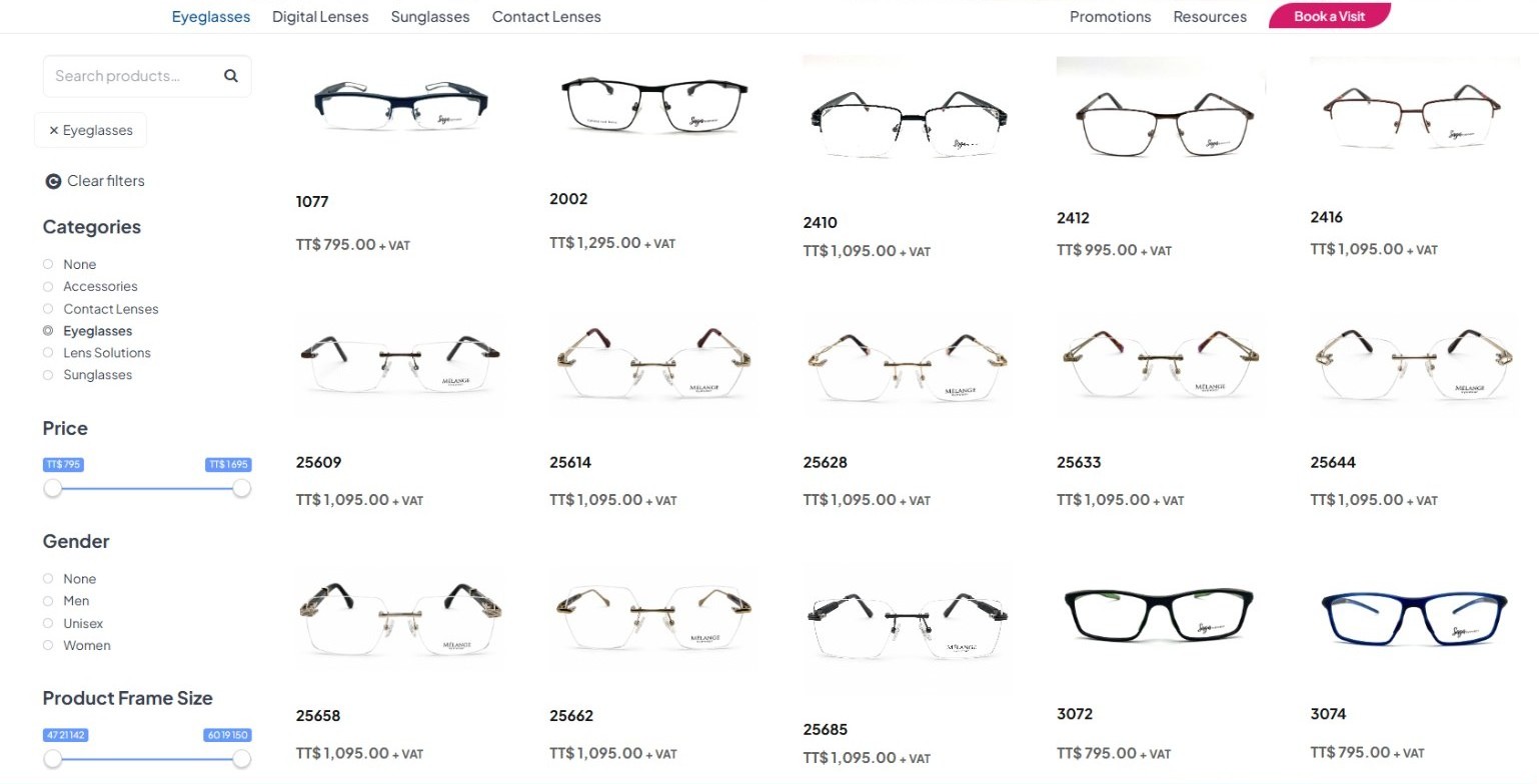 Ferreira Optical frame catalogue with filters for brand, price, size, colour and material