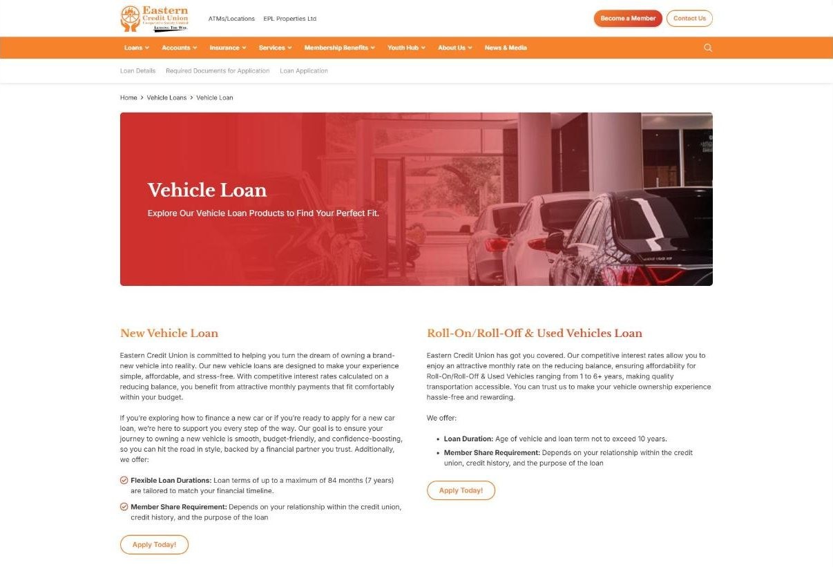 Eastern Credit Union vehicle loan page with car financing information