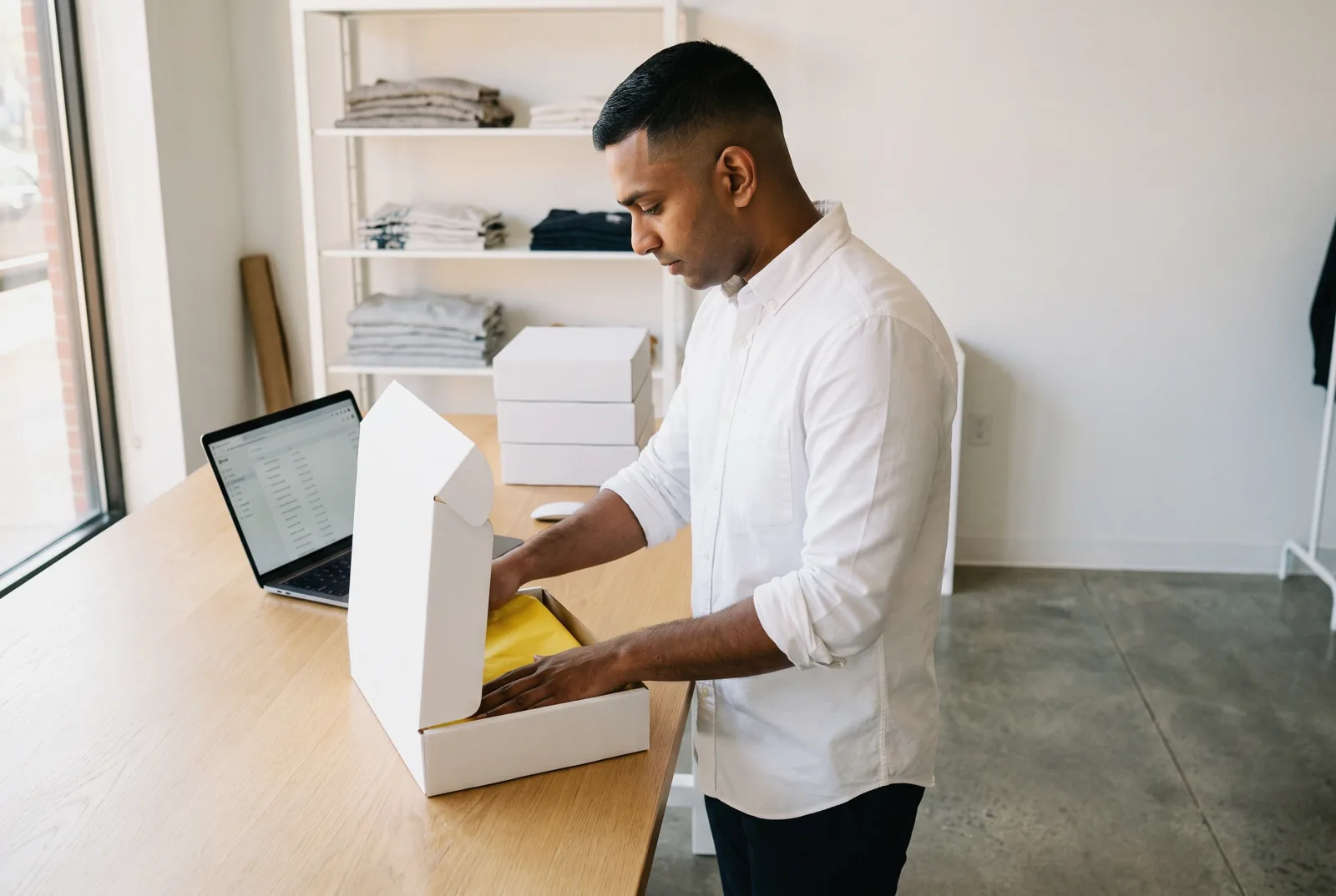 Online store owner packing a customer order in his studio