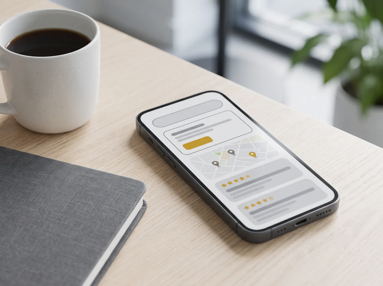 Phone on a desk showing search results with an ad and a map