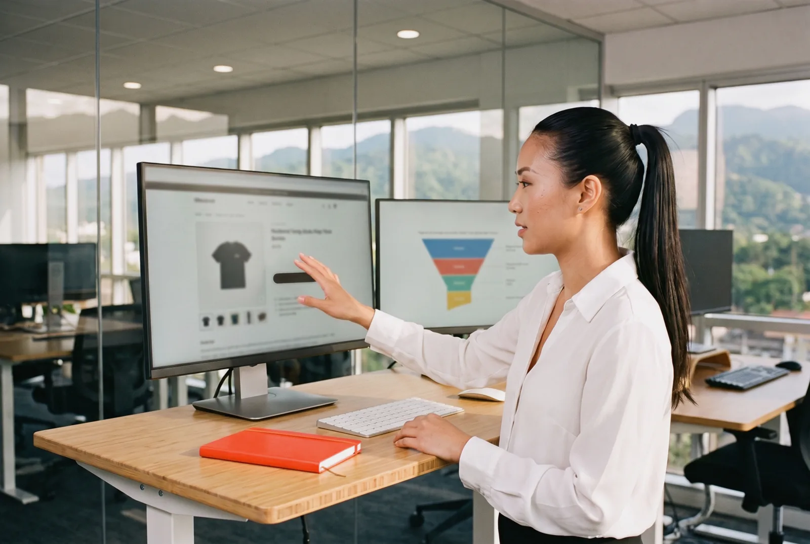 Designer reviewing a product page and a sales funnel on two monitors