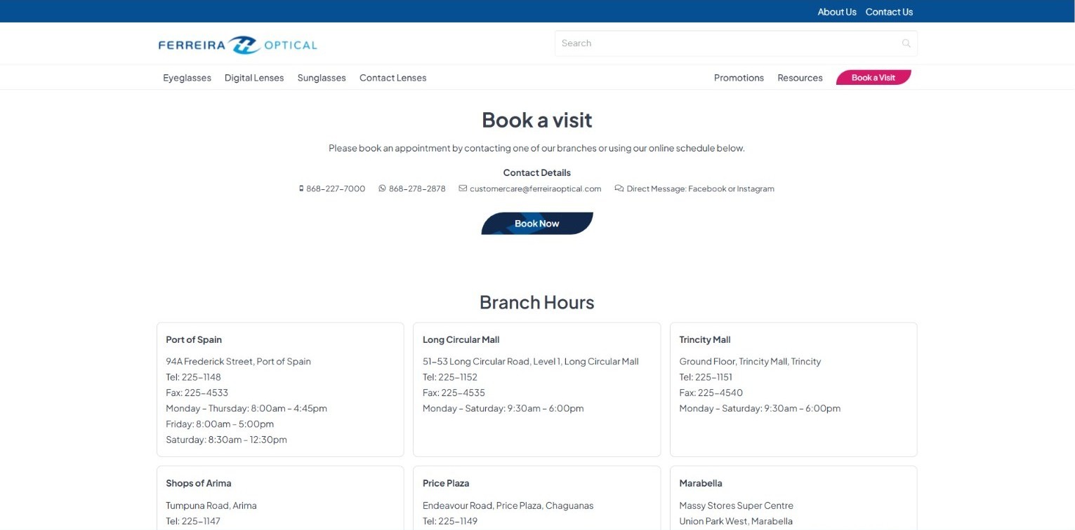 Ferreira Optical booking page with online booking, phone, WhatsApp and branch hours