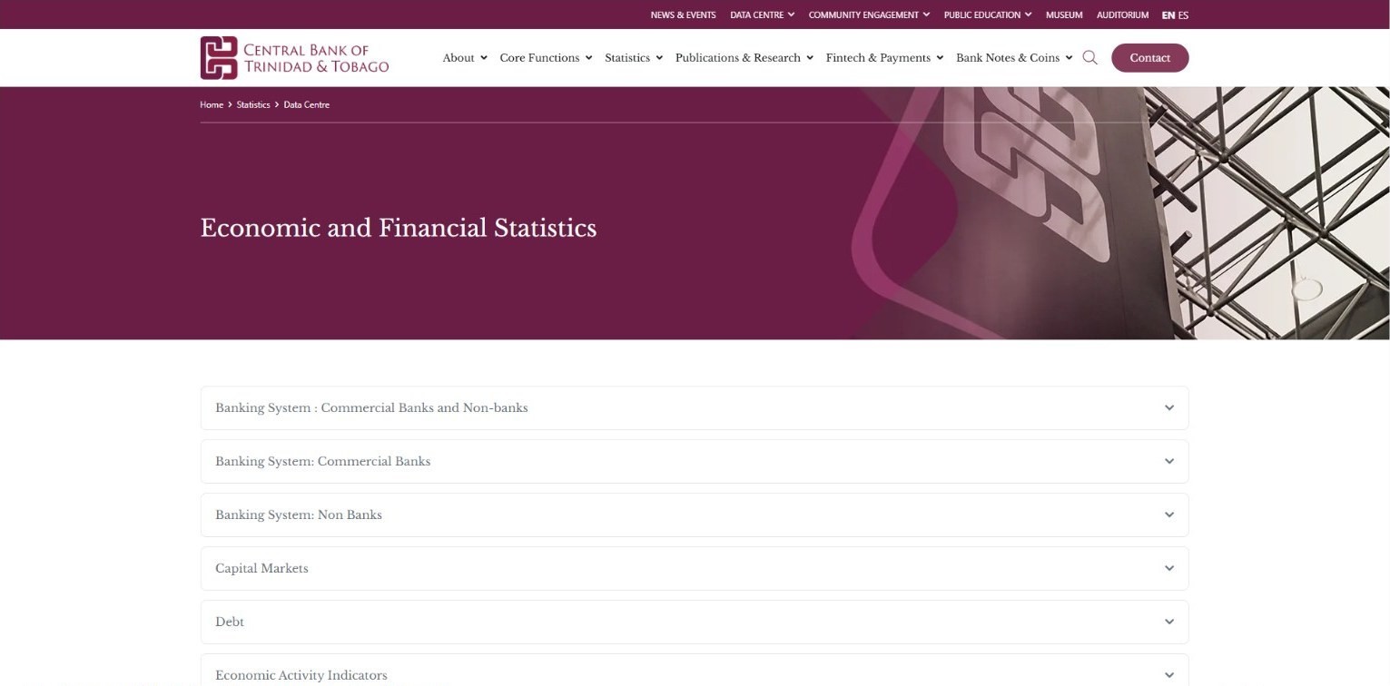 Central Bank Data Centre landing page listing statistics categories
