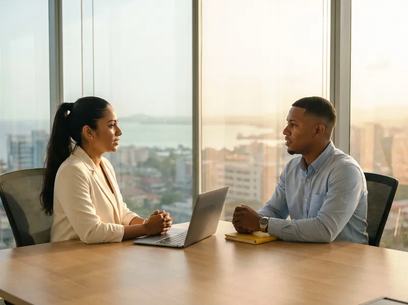 Recruiter talking with a candidate in a glass meeting room above the Gulf of Paria