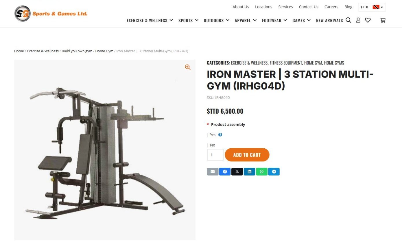 Iron Master 3 Station Multi-Gym product page with a Product assembly Yes or No choice