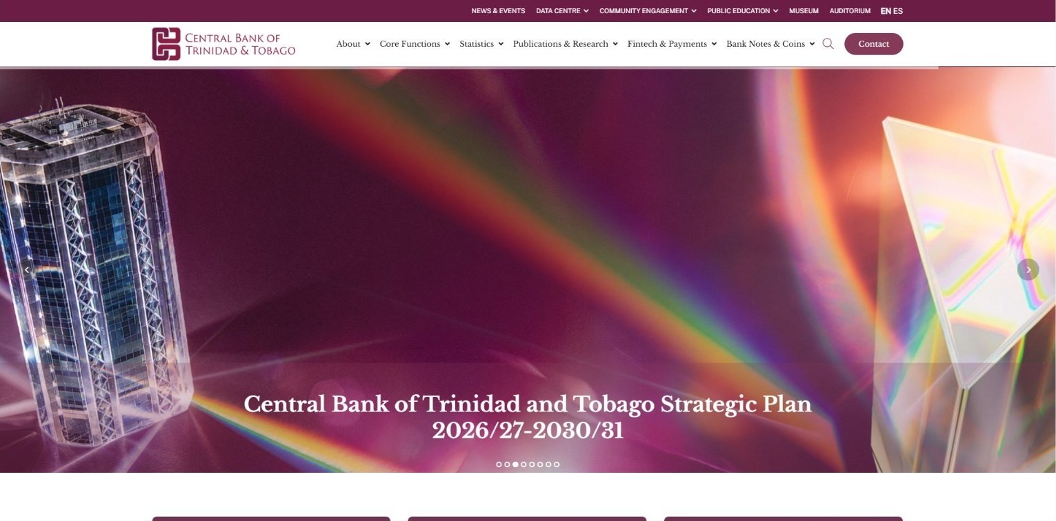 Central Bank of Trinidad and Tobago homepage with exchange, inflation and interest rates in the first scroll