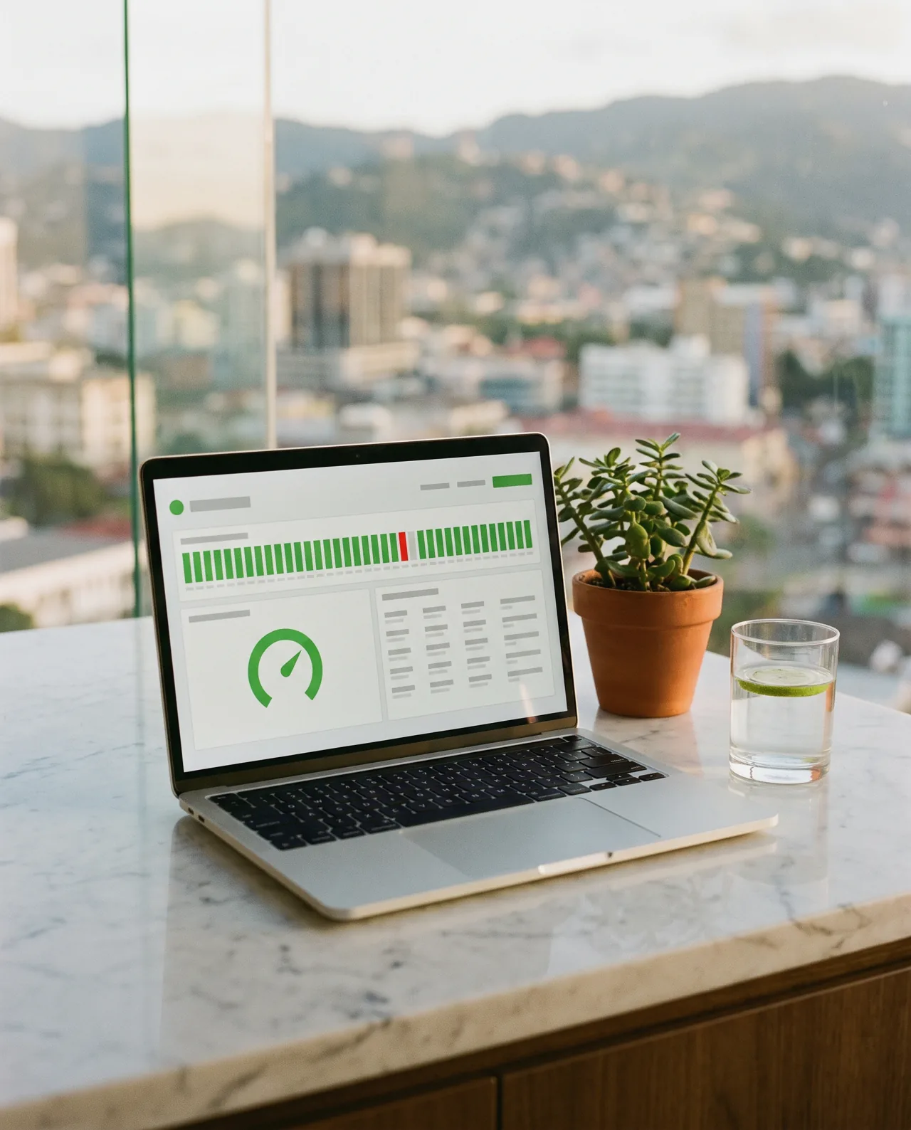 Laptop showing a website uptime monitoring page on a marble counter